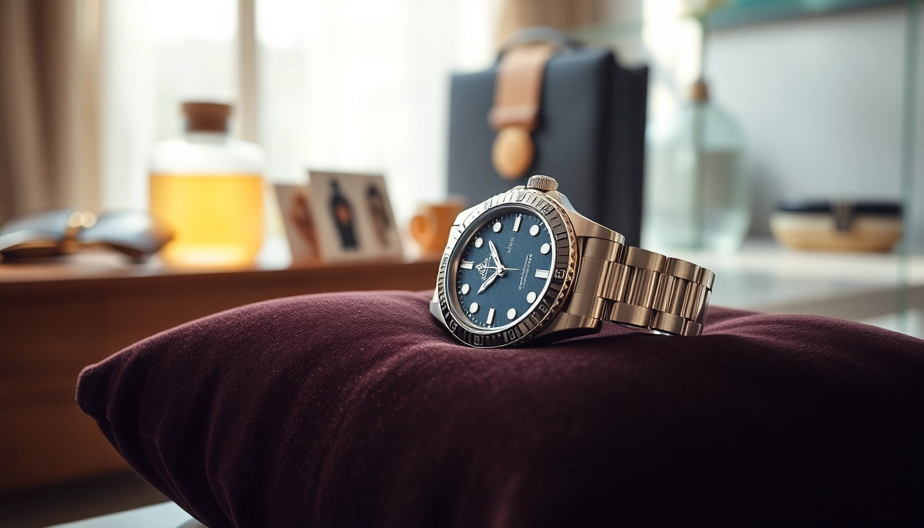 Examine the stunning details of a rolex replica on a velvet cushion, highlighting its craftsmanship and elegance.