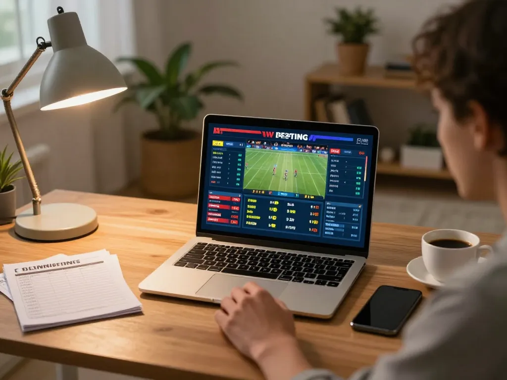 Engaging in online betting with live sports odds on laptop, showcasing keo nha cai in modern home setup
