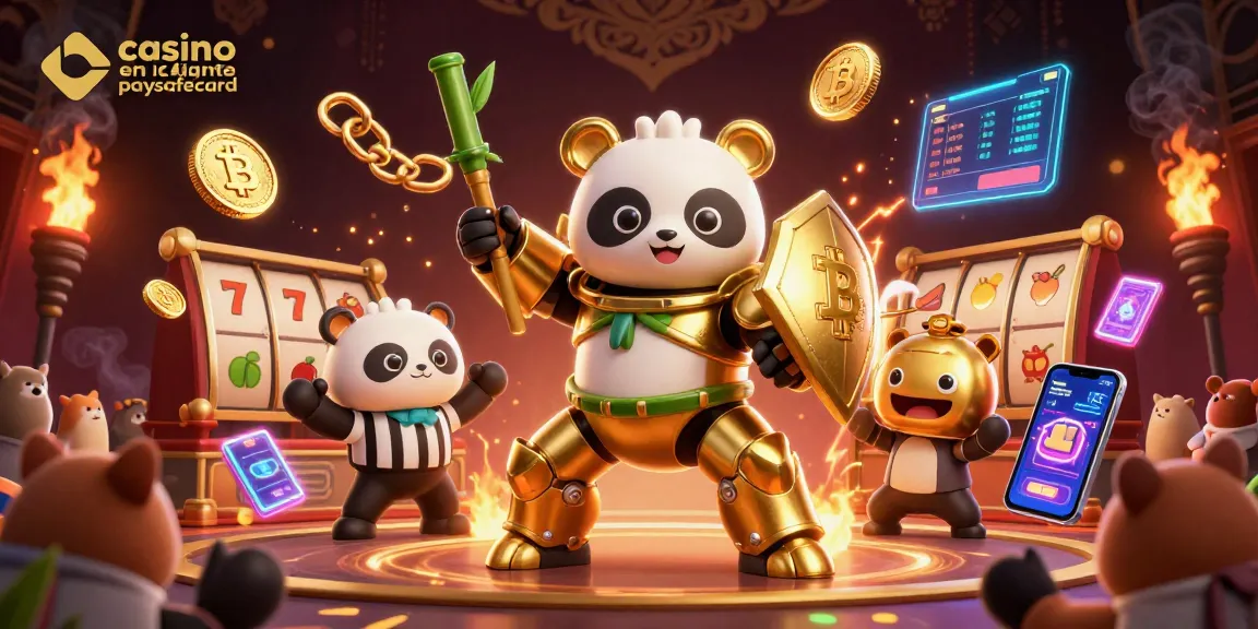 Casino en ligne paysafecard : illustration dynamique avec un panda doré et des éléments de jeu autour.