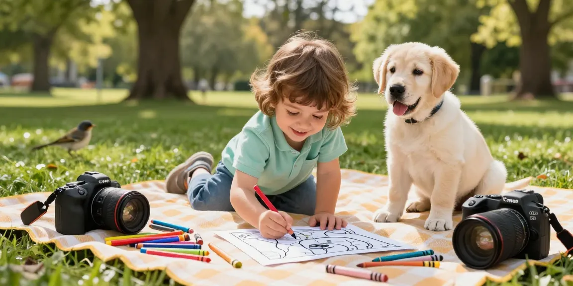 Easy coloring for preschoolers with a child coloring a Labrador Retriever in a sunny park.