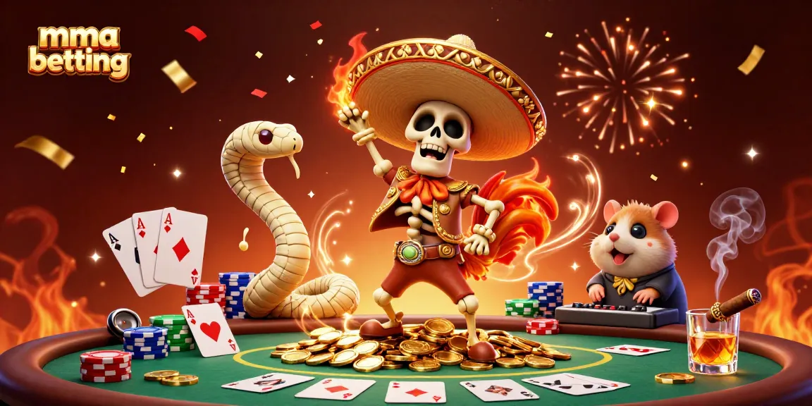 MMA betting celebration scene showing a dancing mariachi rooster and a mummy snake amidst poker chips and cards.