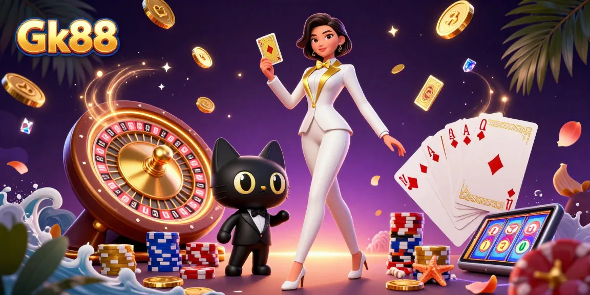 Play with Gk88 in a dynamic casino scene filled with gold coins, cards, and vibrant elements.