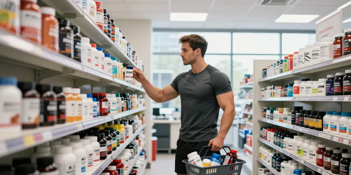 Inside Unique Pharma Steroid Shop, a fitness enthusiast examines performance supplements and anabolic steroids in a modern environment.