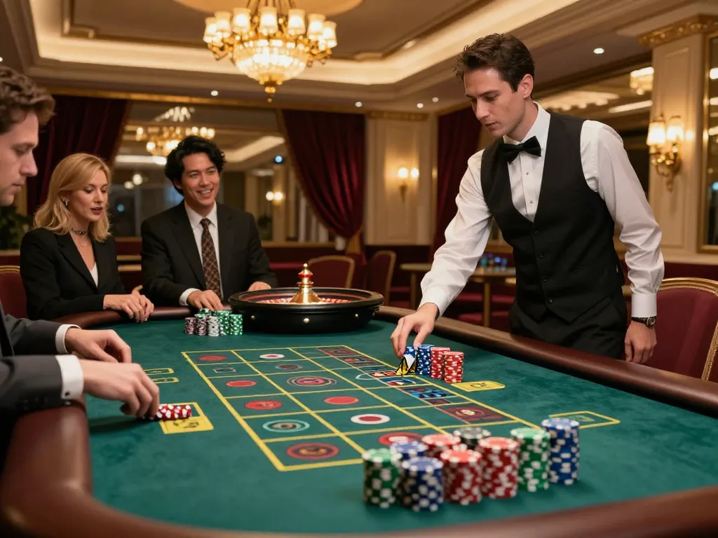 Players engaging with keonhacai bets at an exciting roulette table in a vibrant casino atmosphere.