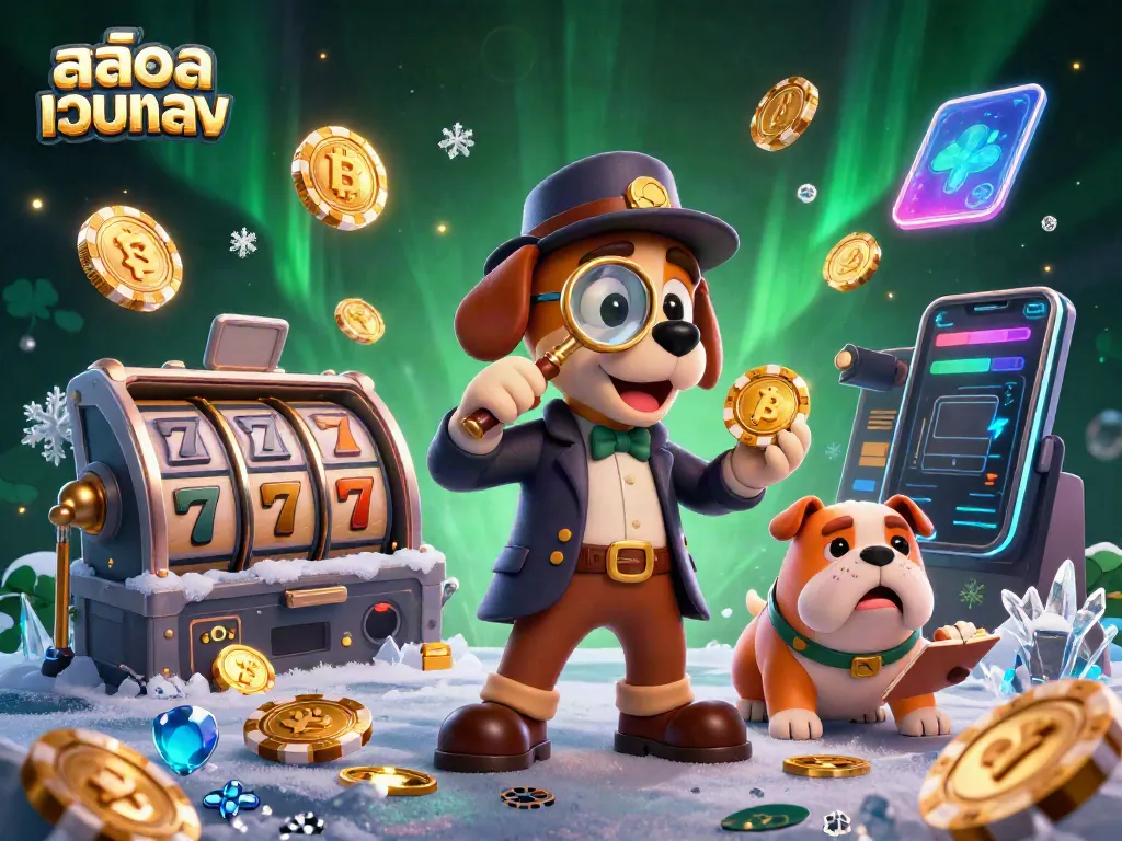 Engage with สล็อตเว็บตรง in a vibrant scene featuring a detective bloodhound and bulldog with casino elements.