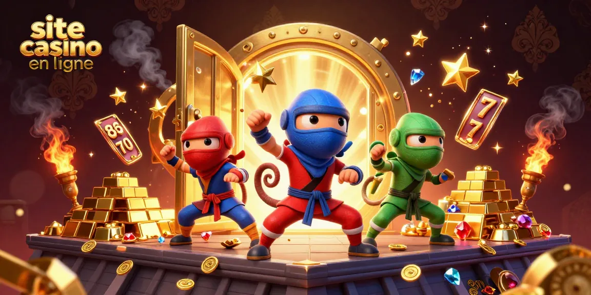 Scène engageante d'un site casino en ligne avec des caméléons ninja célébrant de gros gains parmi des trésors dorés.