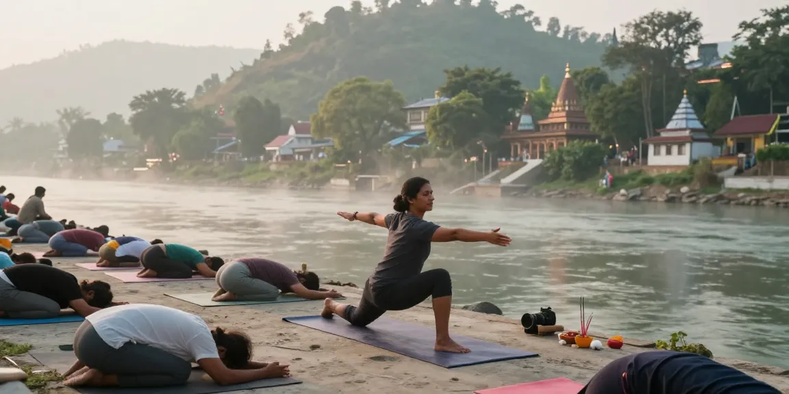 Yoga teacher training in Rishikesh with serene instructor and students by Ganges River.