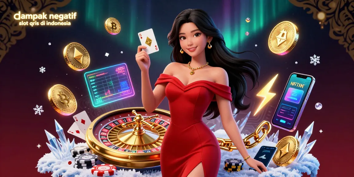 Diving into the dampak negatif slot qris di indonesia with a luminous casino scene showcasing a beautiful Asian woman and vibrant gambling elements.