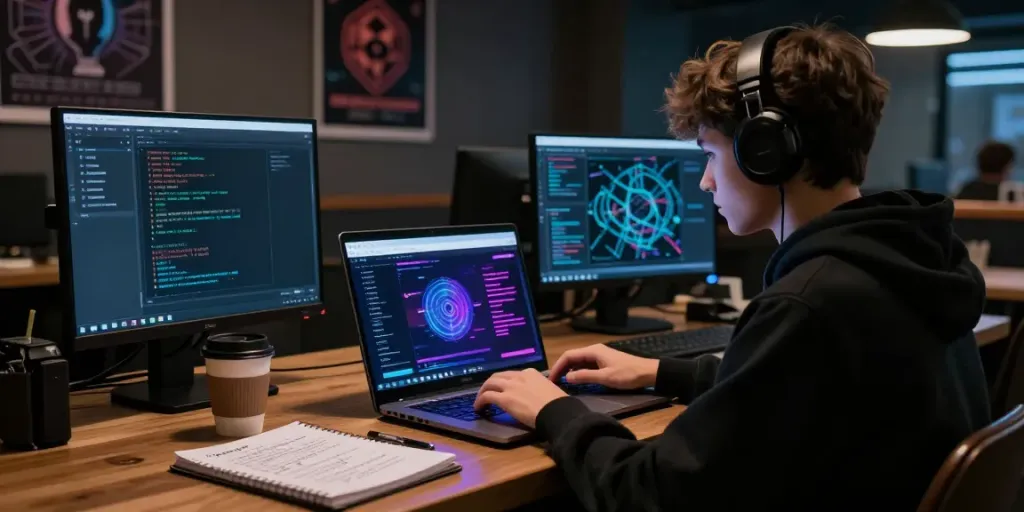 Youth exploring the hidden wiki on a laptop in a cybercafé, symbolizing dark web navigation.