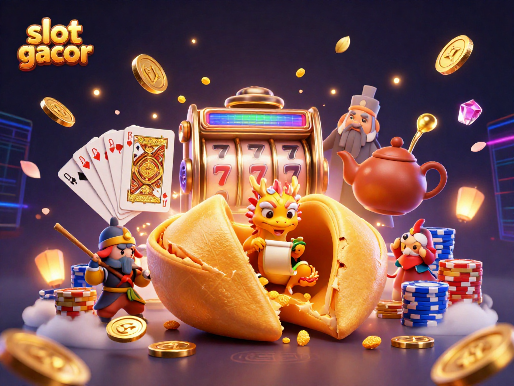 Menangkan hadiah slot gacor dengan ilustrasi 3D menarik dan penuh warna dalam suasana kasino.