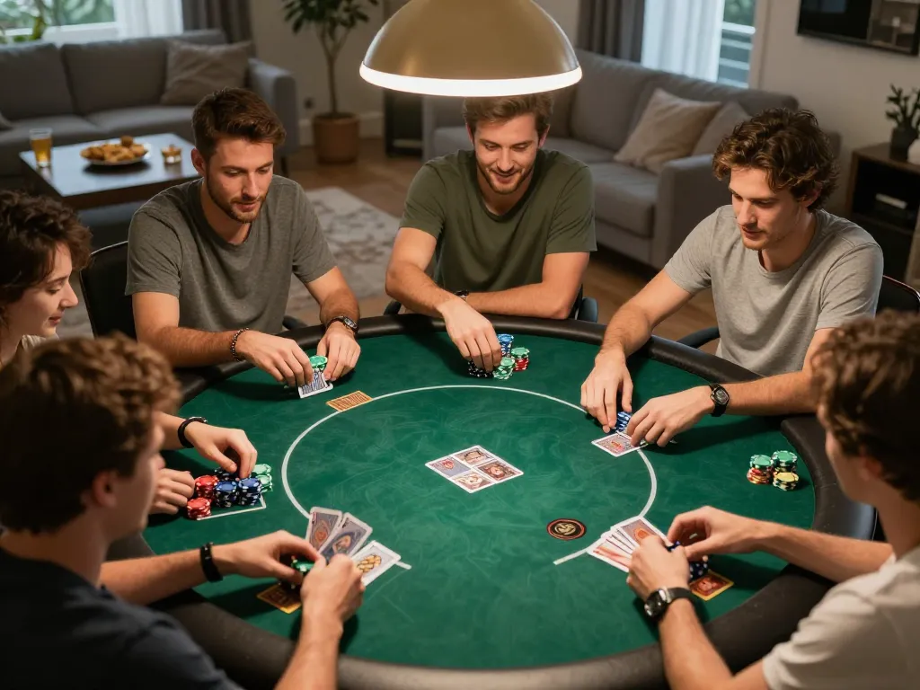 Friends enjoying a poker game at home, engaging in strategic gameplay surrounded by snacks and drinks, sunwin moments captured.
