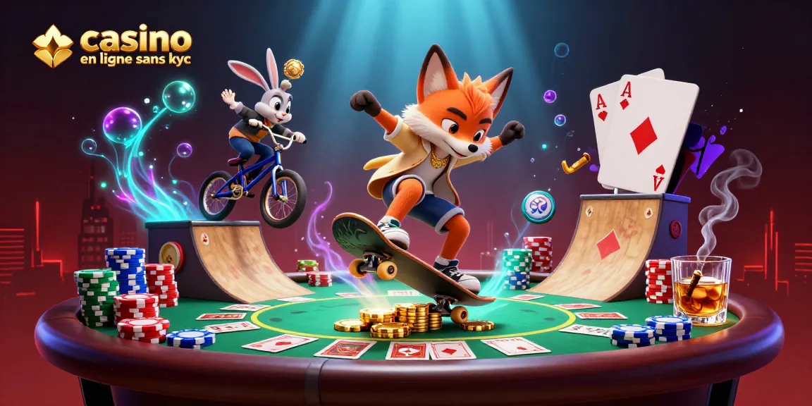 Découvrez le monde vibrant des casinos en ligne sans KYC avec un renard skateboard et un lapin BMX animés.