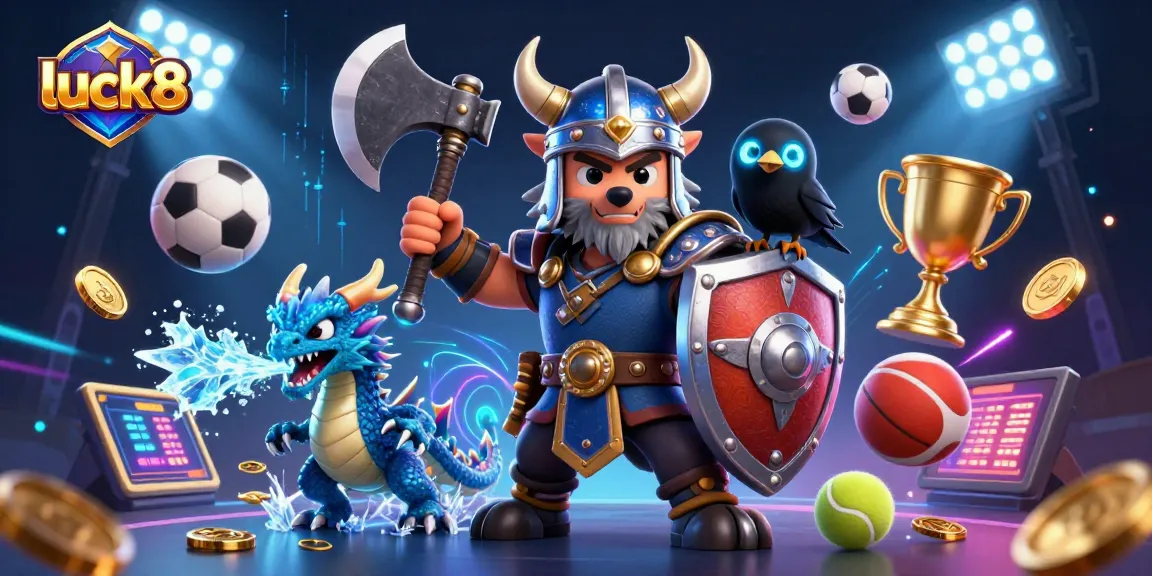 Experience the excitement of luck8 with a Viking warrior, dragon, and raven amidst dynamic sports elements.