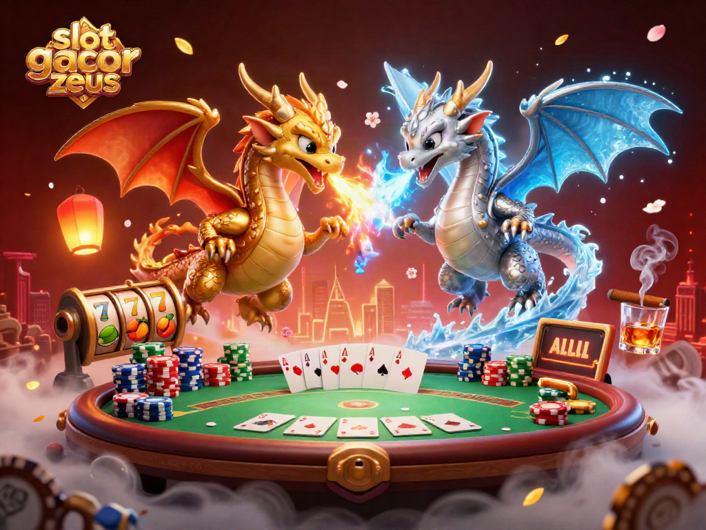 Fire and ice-breathing dragons embody the slot gacor zeus concept above dynamic game elements.