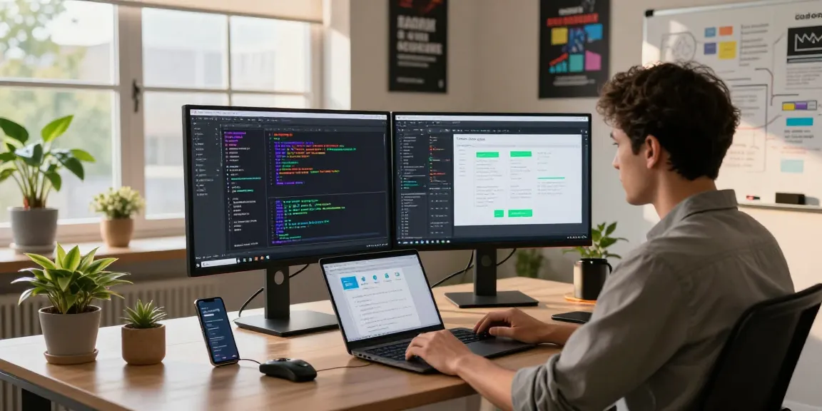 Developer using 纸飞机中文版 on dual monitors in a modern tech workspace, showcasing coding and design.