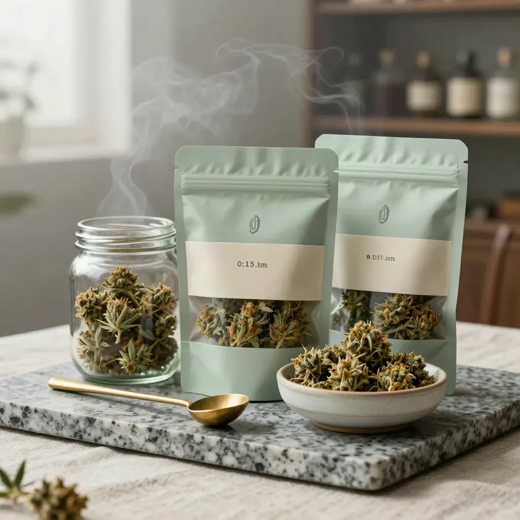 Hemp flower sampler pack with pouches, jar, bowl and scoop on travertine in misty dawn light.