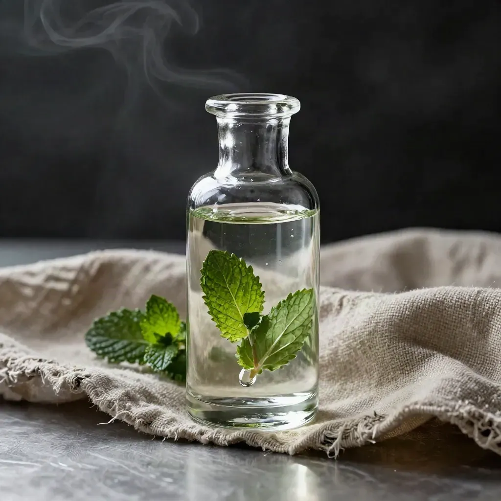 Clear tincture bottle with mint oil, hanging droplet, linen fold, and soft vapor