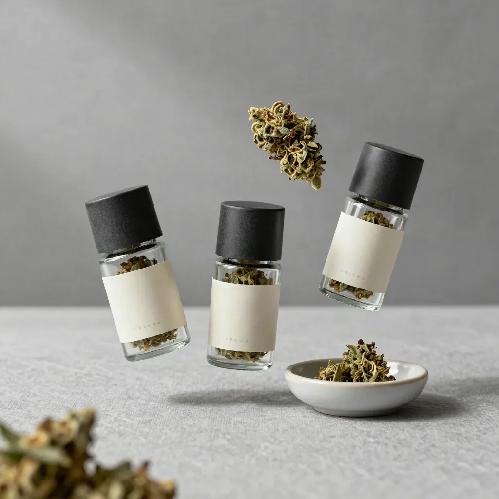 Floating CBD flower sampler jars with buds and a ceramic dish on an ash-grey studio field.