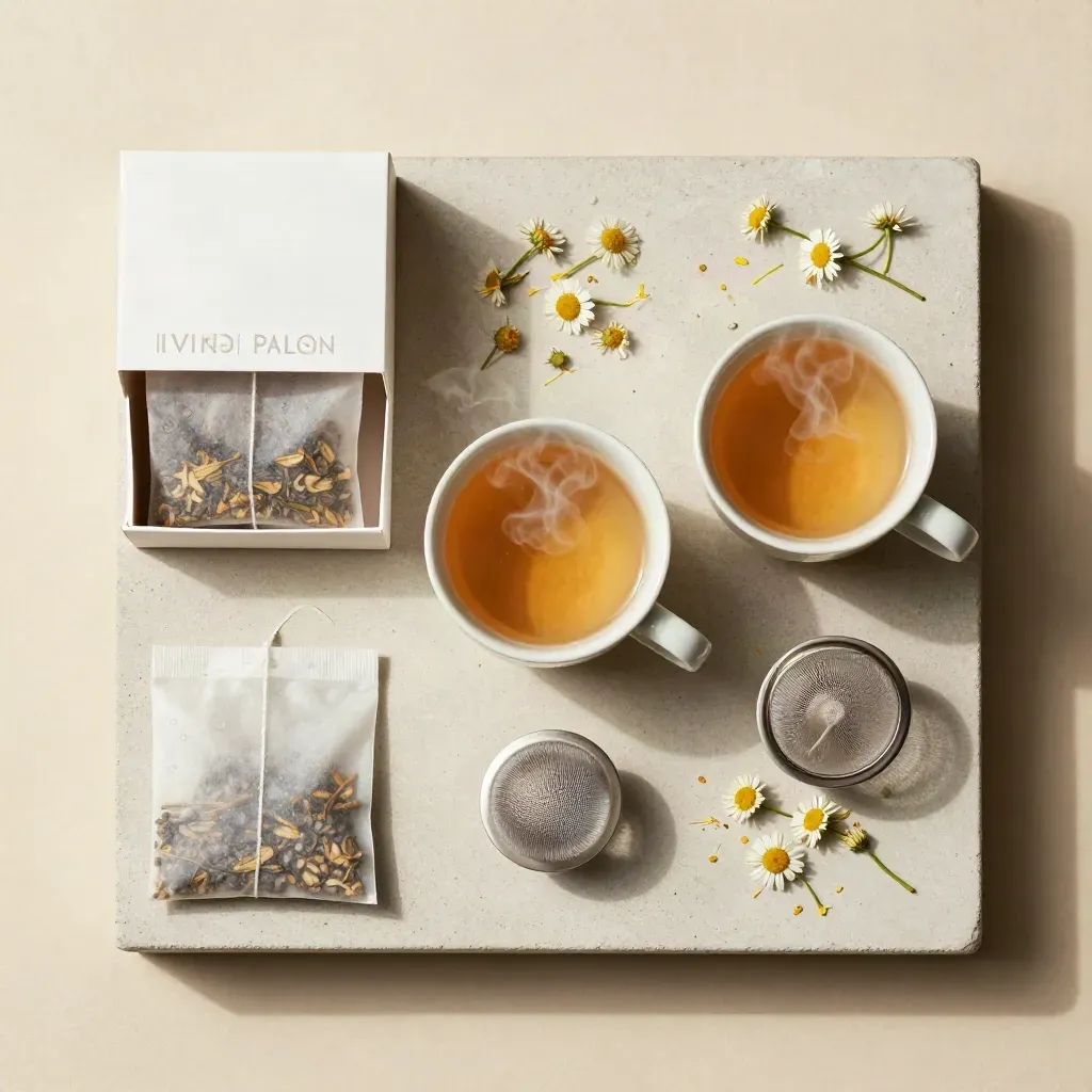 Overhead flatlay of sleep tea bags, chamomile blossoms, a cup, and a mesh infuser with rising steam