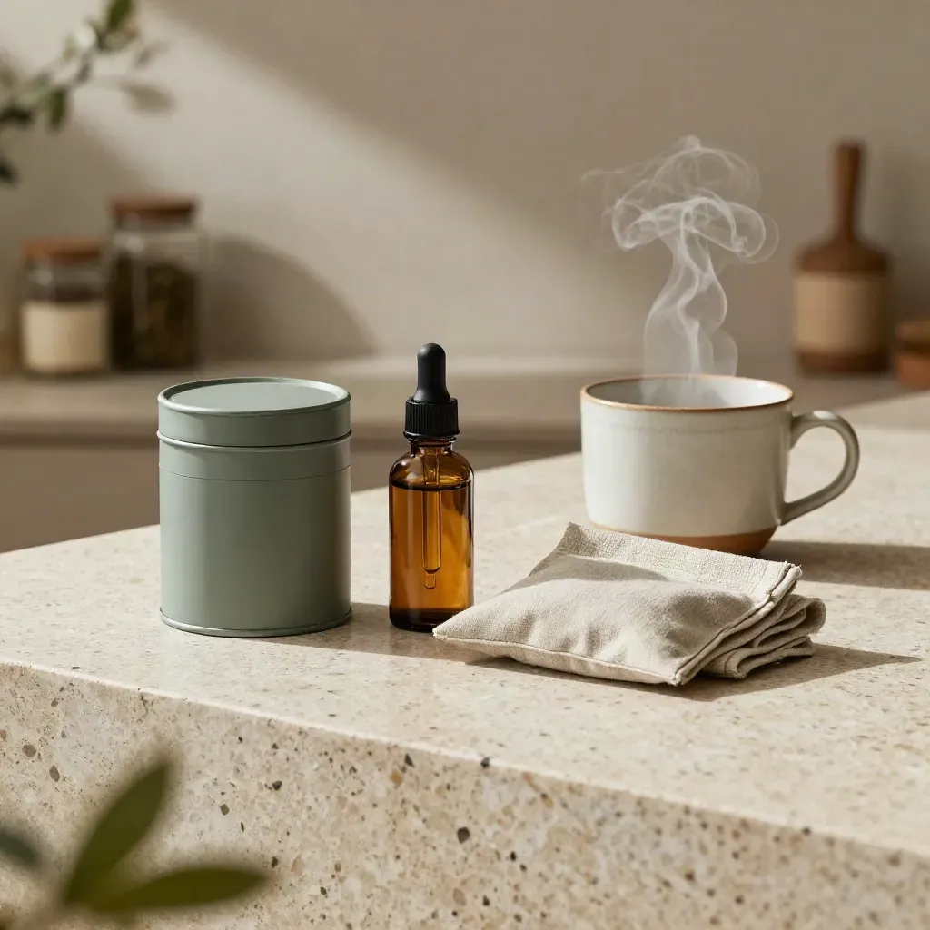 CBD calm bundle on travertine with steam, mug, tincture, gummies, and sage linen.