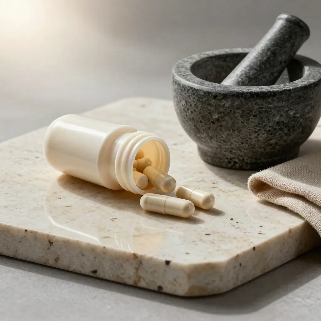 Capsule bottle, mortar, and scattered daily relief capsules on travertine in a dark studio