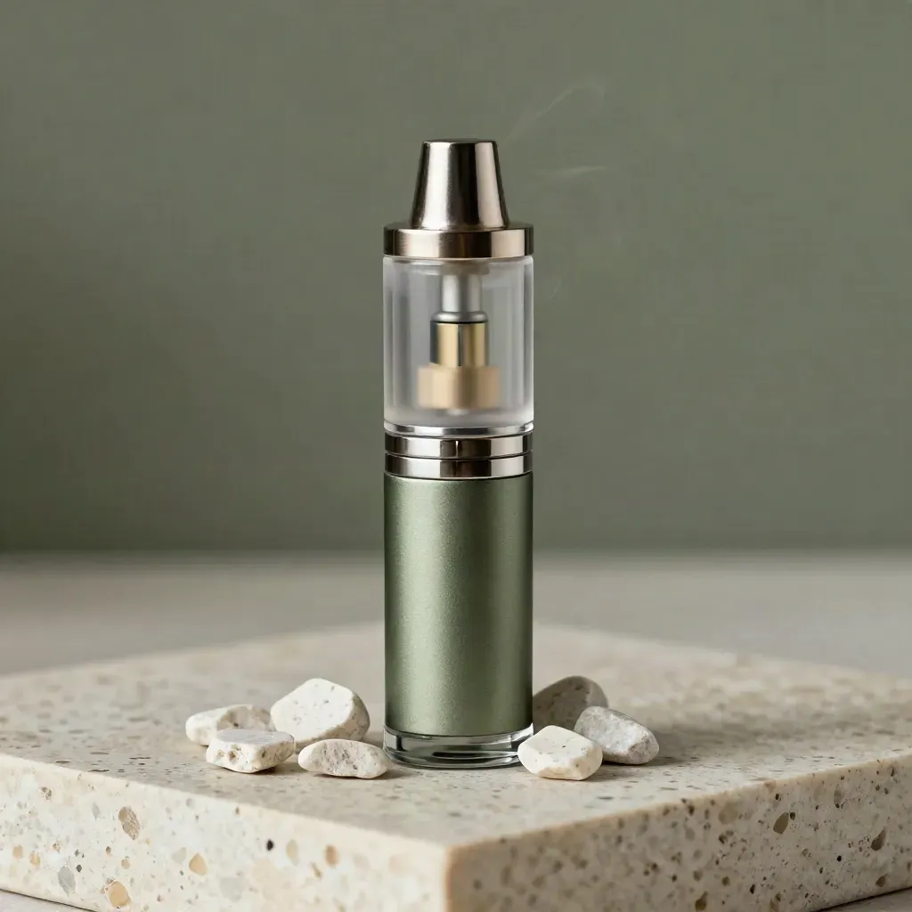 Macro mint vape cartridge on glass stand with pale stone chips and a faint vapor curl