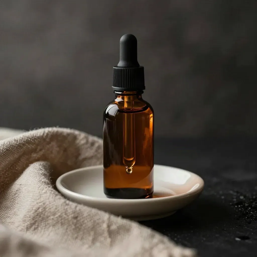 Dark amber CBD night oil bottle with dropper over saucer and linen on black surface.