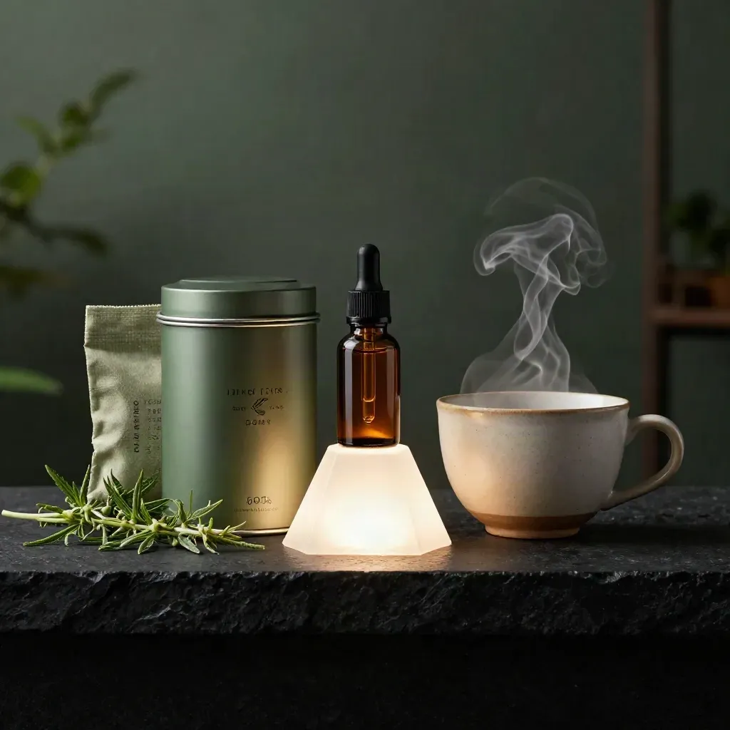CBD starter kit with tincture, tea tin, gummies, herbs and steaming cup on a dark studio shelf.
