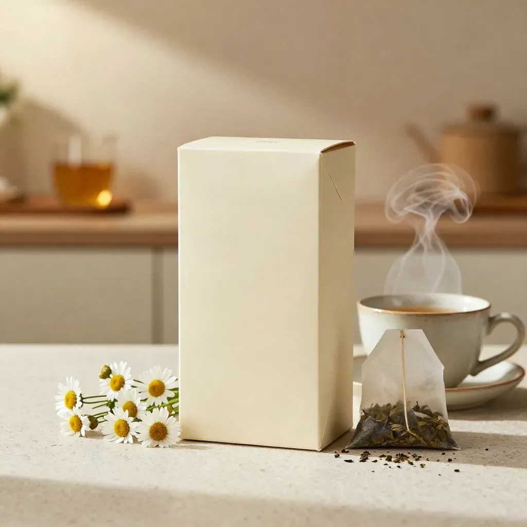 Chamomile hemp tea carton with steaming cup, partly freed tea bag, and chamomile blooms on travertine.