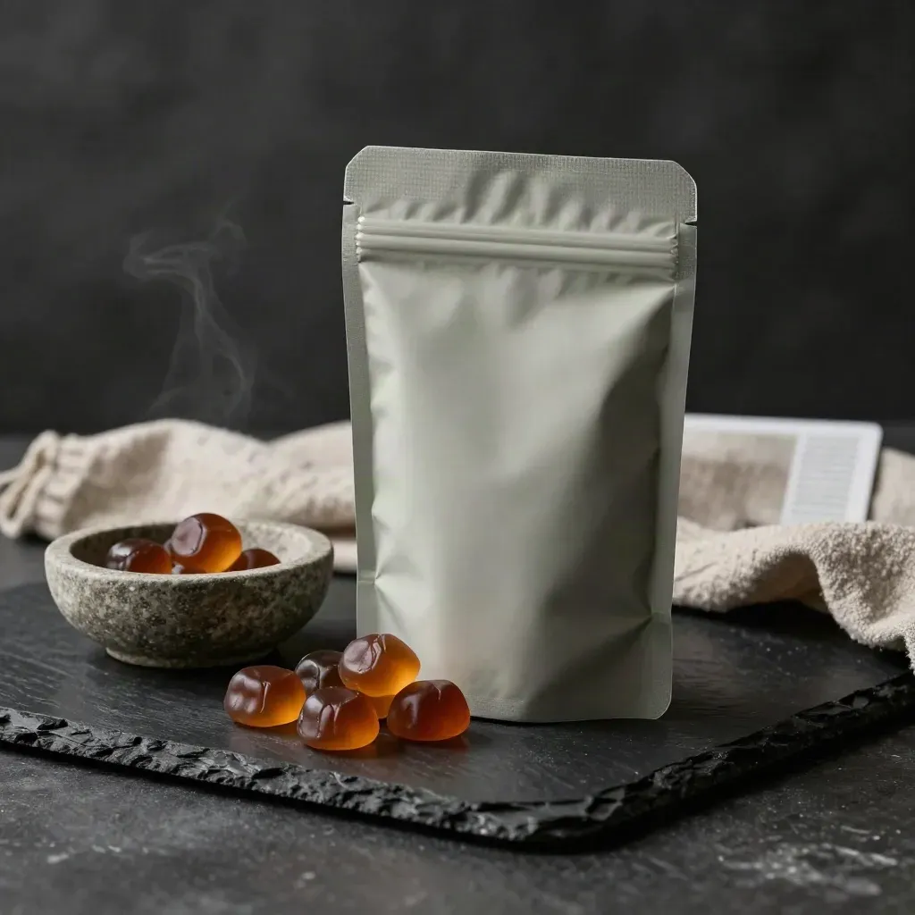 Unlabelled sleep gummies pouch with glossy gummies, a stone bowl, and linen on a dark studio surface.