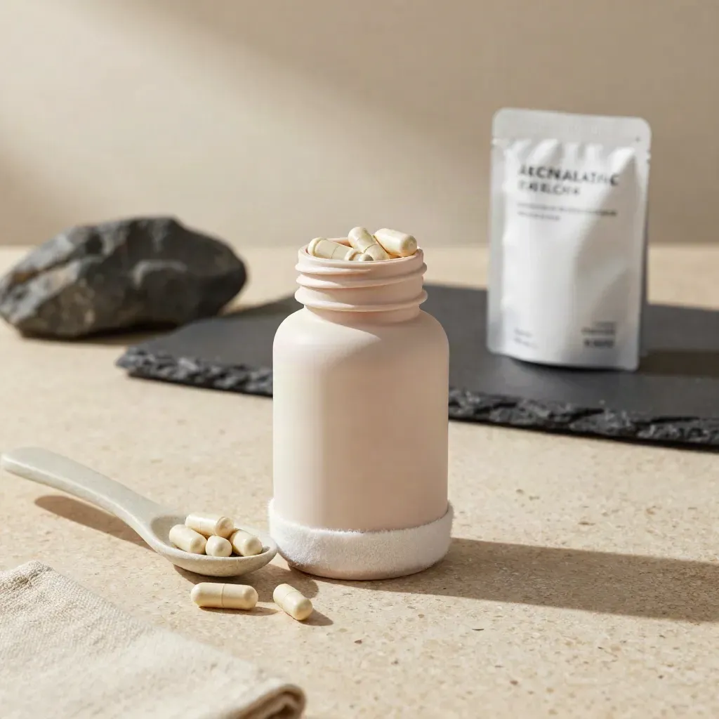Unbranded hemp capsule bottle with spilling capsules, cotton wrap and stone spoon on travertine.