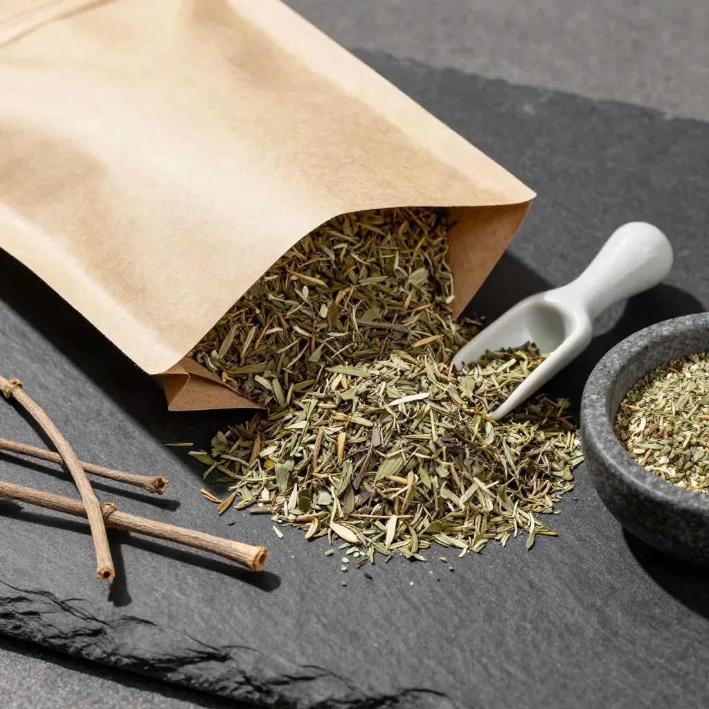 Open herb blend pouch spilling loose leaves beside a scoop and stone bowl, top-down macro.