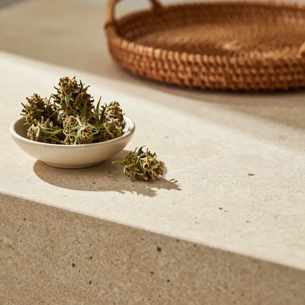 Travertine counter with ceramic bowl, hemp leaves and woven tray in soft sunlit haze.