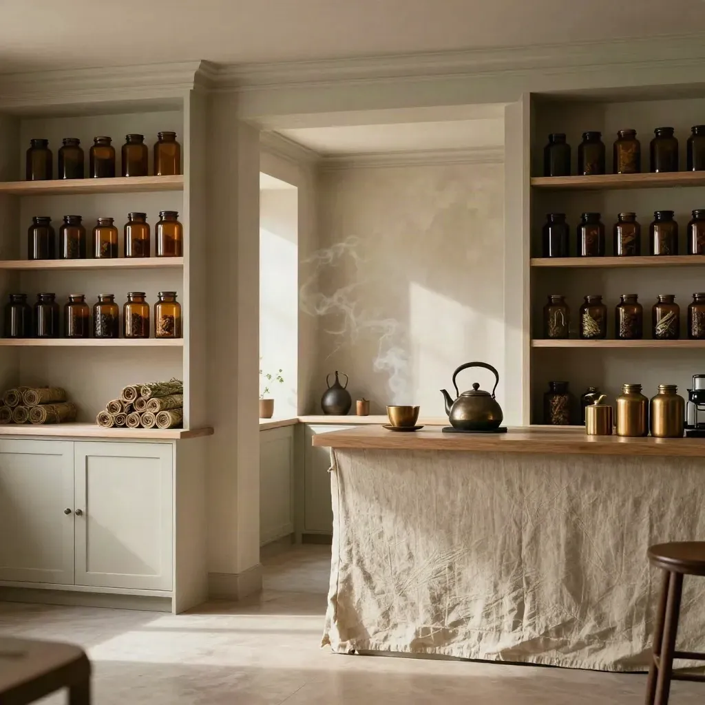 Sunlit apothecary interior with shelves, steam, and a linen-draped counter high in frame