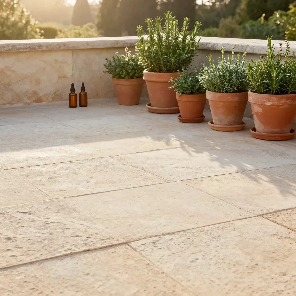 Sunlit stone veranda with herb pots, amber bottles, and soft garden blur at golden hour.