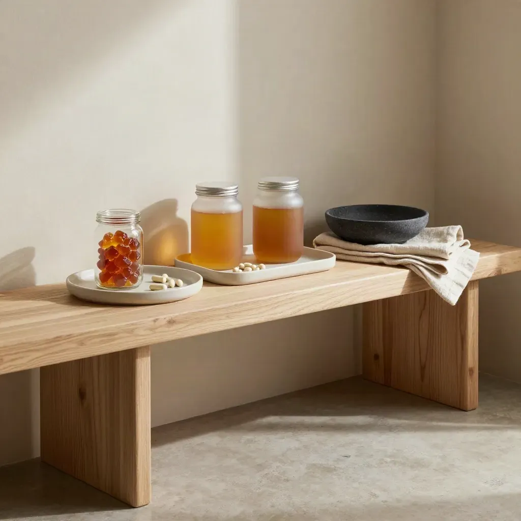 Pale wood and ceramic apothecary scene with jars of gummies and capsules in soft sunlight.