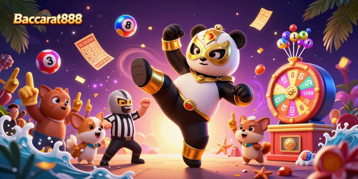 Engaging Baccarat888 scene featuring a panda wrestler, tiny cheering animals, and dynamic gaming elements.