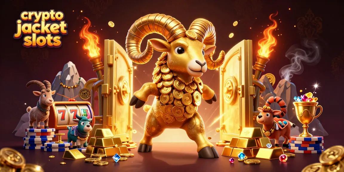 Experience excitement with crypto jackpot slots as a golden ram charges through a treasure vault full of riches.