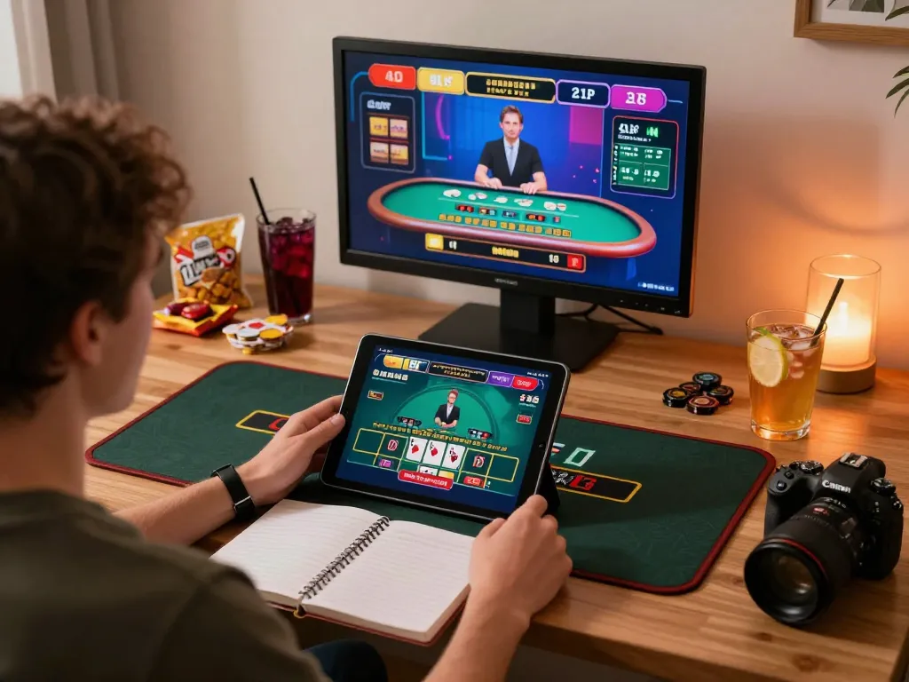 Experience exciting online gameplay at https://s8inc.com/ with a live dealer blackjack game on a tablet, showcasing strategic engagement.
