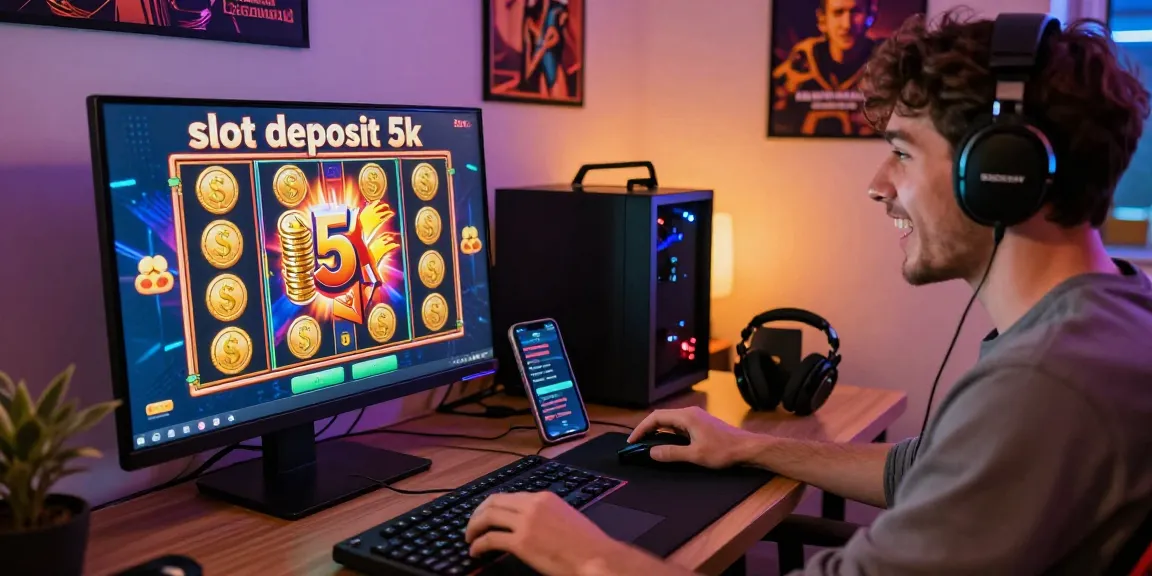 Excited user engaged with online slot deposit 5k game on a laptop in a cozy home office.