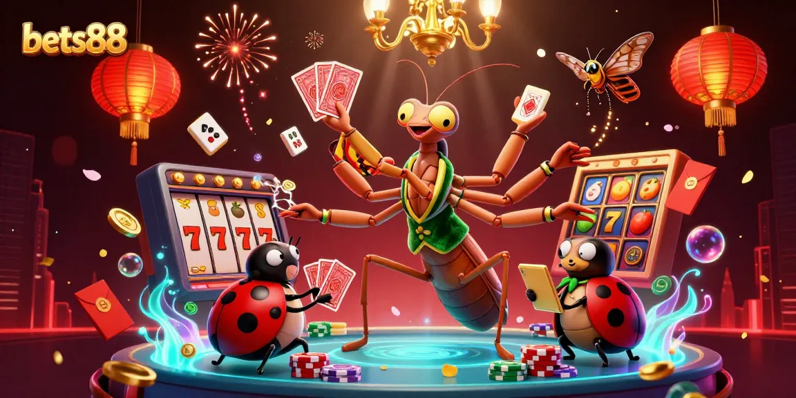 Experience the vibrant world of bets88 as a giant mantis deals cards and slots symbols amid floating fireworks and lanterns.