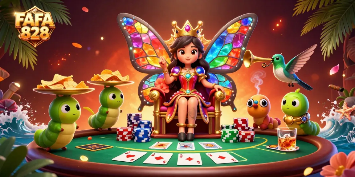 Experience the thrill of FAFA 828 as the butterfly queen presides over a vibrant poker scene.