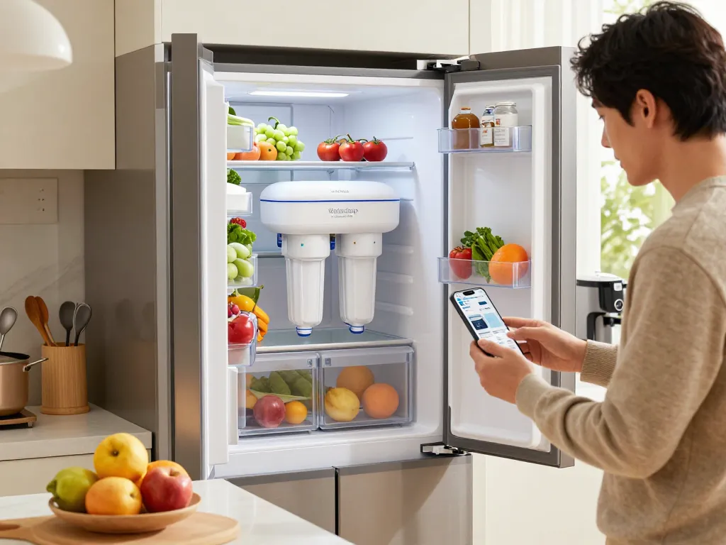 Waterdrop LT1000PC ADQ747935 MDJ64844601 Refrigerator Water Filter on a stylish kitchen shelf, showcasing quality home water filtration.