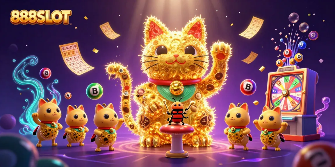 Experience thrilling wins with 888SLOT, as golden fireflies celebrate and mingle with lottery elements.