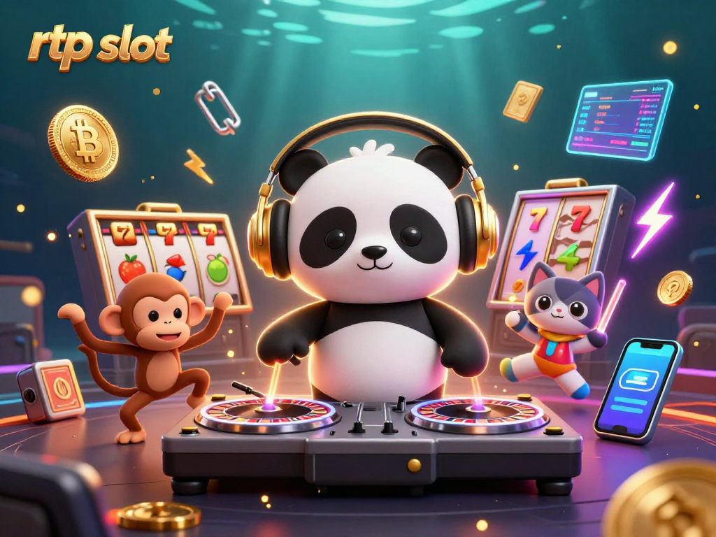 Engage with rtp slot excitement featuring a DJ panda and vibrant casino elements in a lively scene.