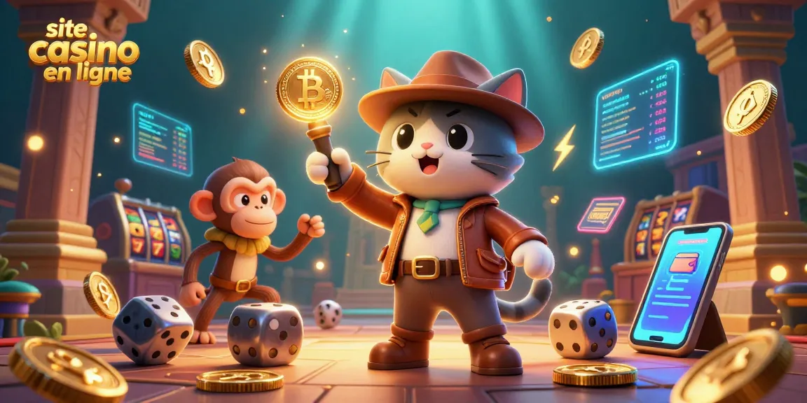Jouez à des jeux passionnants sur site casino en ligne avec des pièces de Bitcoin et d'Ethereum brillantes entourant les découvreurs.