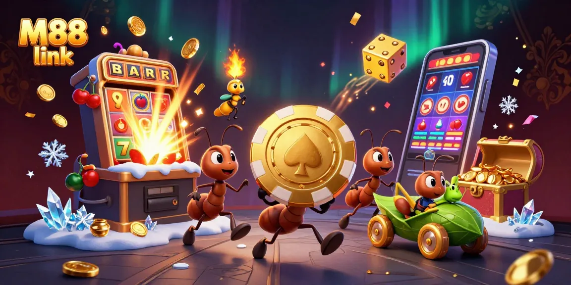 Win with M88 link as ants carry a giant poker chip through a vibrant casino adventure.