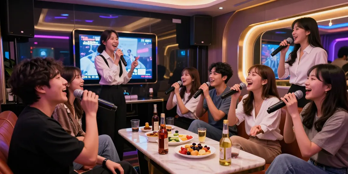 Experience the energy of 강남 가라오케 with friends enjoying a lively karaoke night, illuminated by vibrant lights and premium drinks.