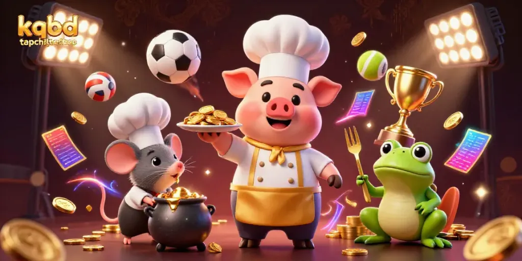 Experience kqbd tapchithethao with vibrant golden coins served by a chef pig in a rich sports-themed illustration.