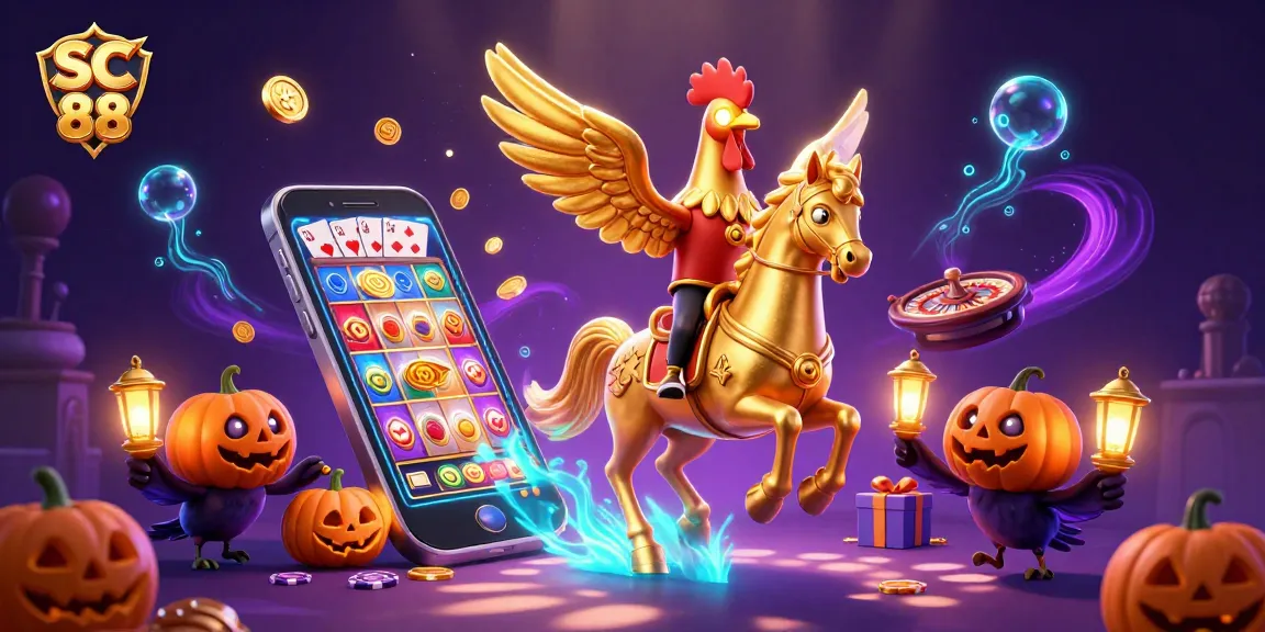 Engage with the SC 88 experience featuring vibrant slot games, golden rooster, and rich casino ambiance.
